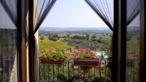 A view from a window with curtains, overlooking a landscape with fields and a swimming pool.