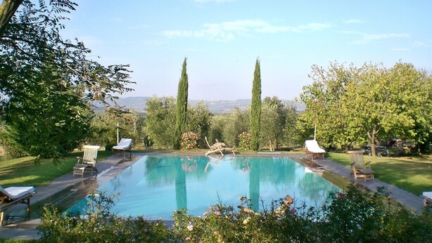 A rectangular swimming pool with a clear blue water surface, surrounded by lush greenery and trees.
