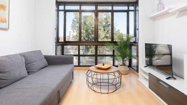 Een moderne woonkamer met een grijze bank, een ronde salontafel, een televisie op een witte dressoir, en een groot raam met uitzicht op bomen.