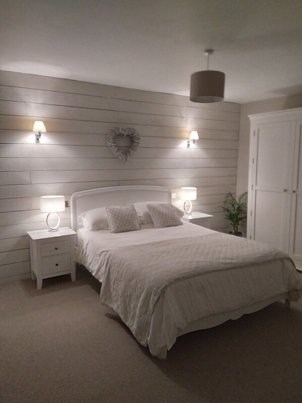 Un dormitorio con cama, dos mesitas de noche con lámparas, una lámpara de techo, una planta y un armario.
