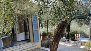 A covered outdoor seating area with a table and chairs, surrounded by olive trees and a stone wall. - Idyllically situated, comfortable detached country house in a stylish ambience (Dolcedo)