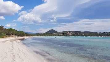 On the beach, sun-loungers