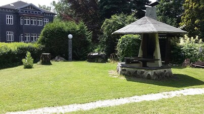 Modernly furnished bungalow with fireplace, surrounded by greenery.