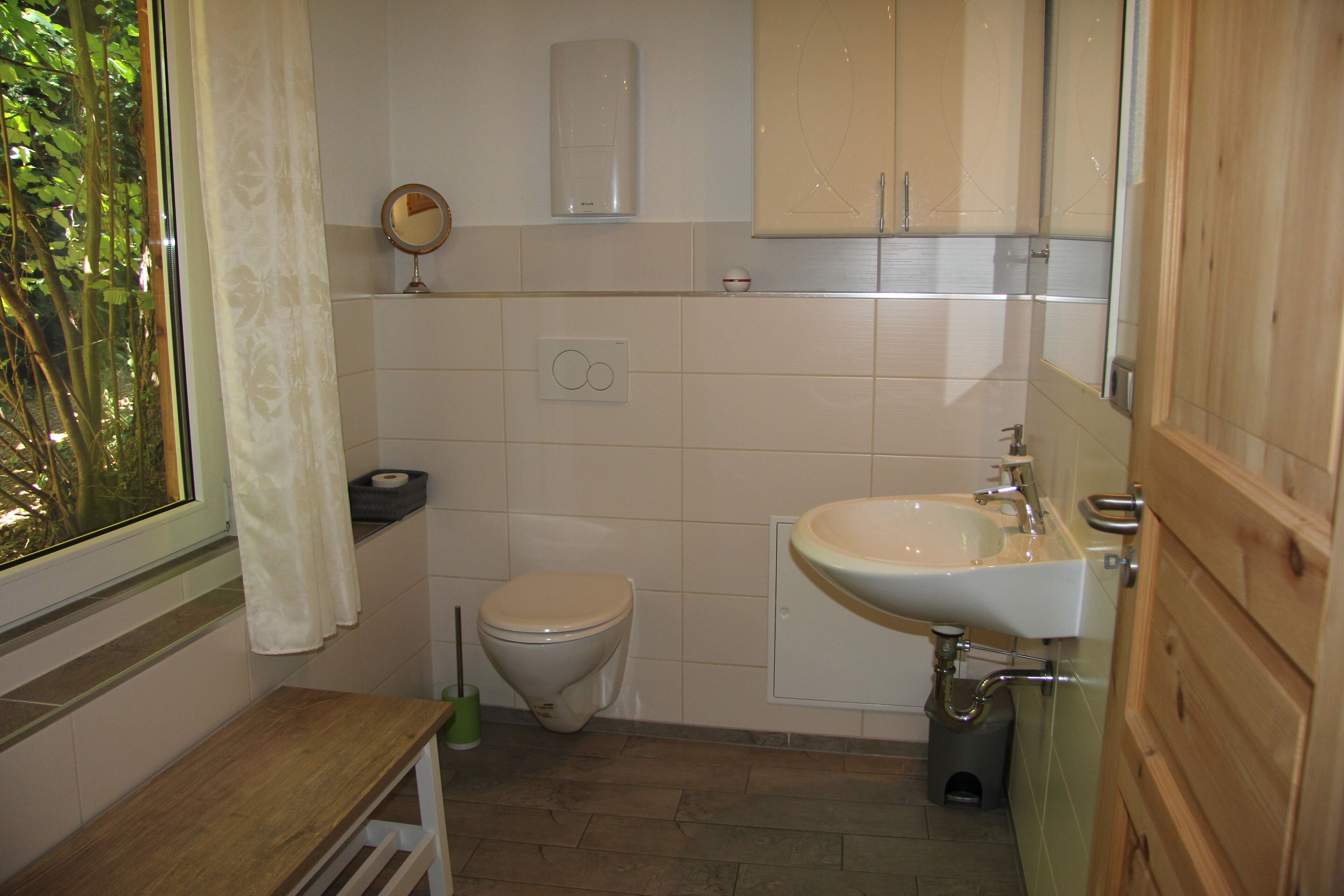 Un baño con inodoro, lavamanos y espejo.