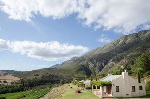 A white building with a garden and vineyard in the background. - Bushmanspad Estate (Boesmanspad)