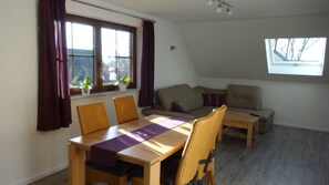 TV, DVD player, books, music library