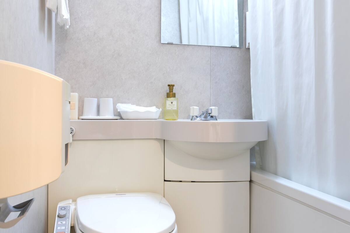 combined shower/bathtub, free toiletries, hair dryer, slippers