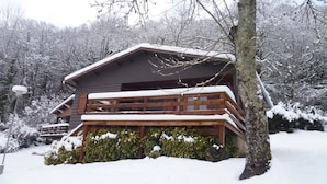 Een houten hut met een balkon, omgeven door met sneeuw bedekte bomen.