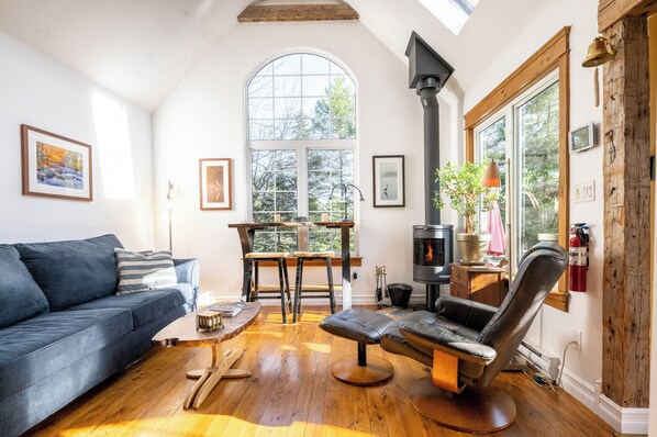 Fireplace, books, stereo
