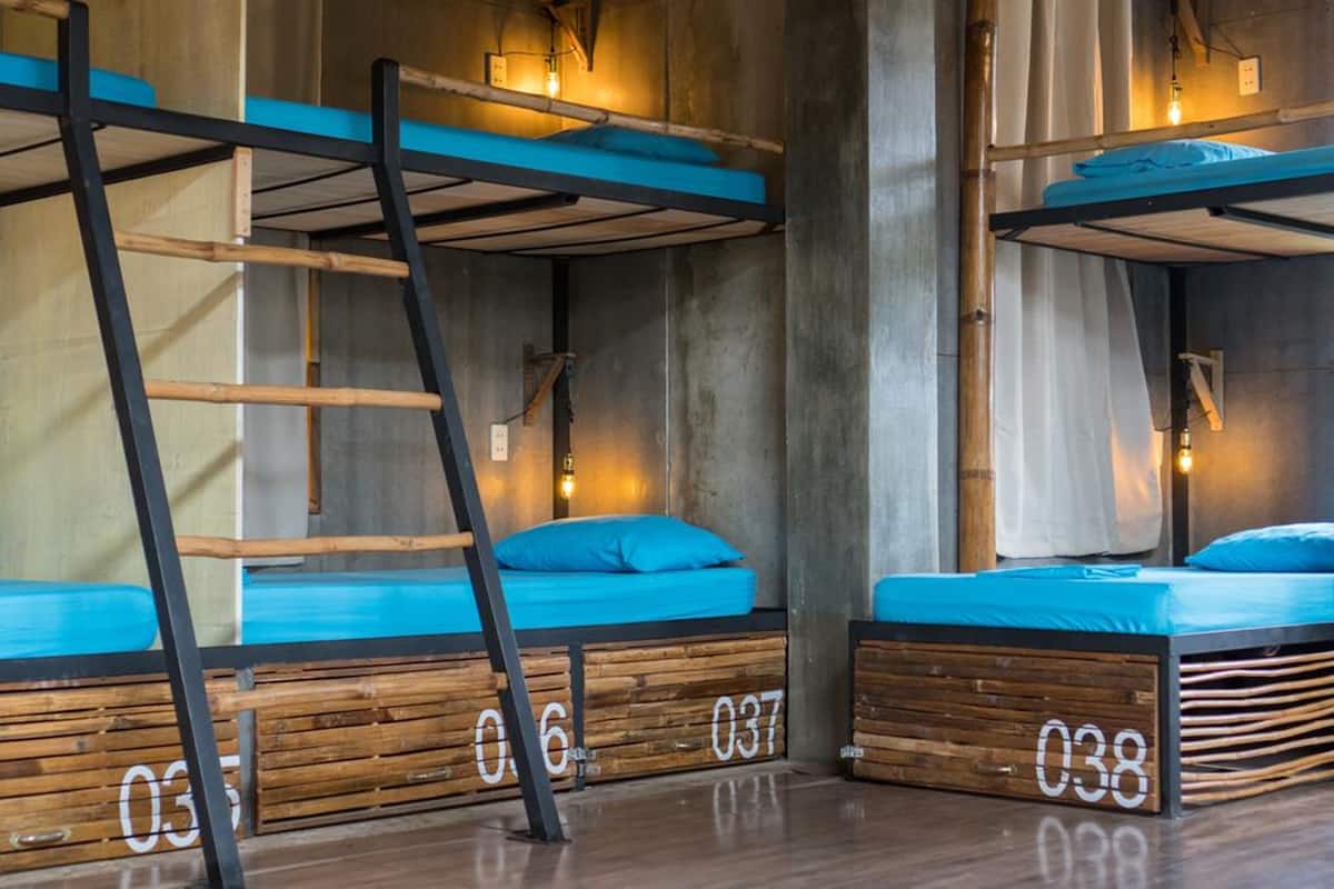 Bunk beds with wooden frames and blue bedding, numbered 036, 037, and 038.