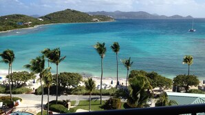 A coastal view with a beach, palm trees, and a distant mountain range. - BEACHFRONT LUXURY at the Ritz! NEWLY RENOVATED - MOST DATES Available! (Nazareth)