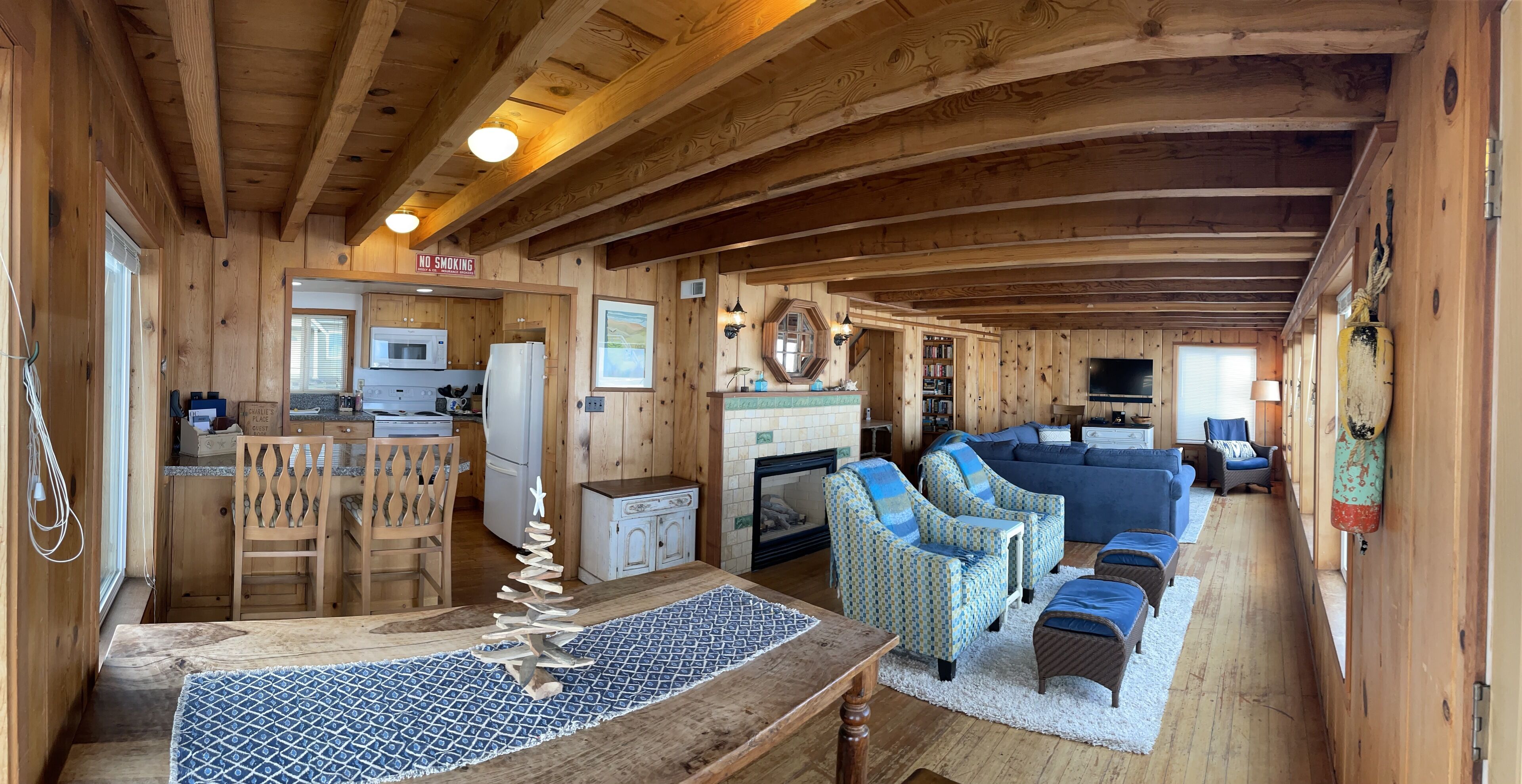 Télévision à écran plat, cheminée, lecteur de DVD, livres