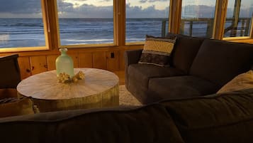 Flat-screen TV, fireplace, DVD player, books