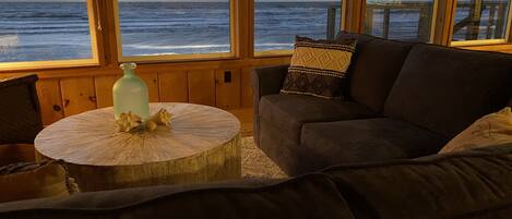 Flat-screen TV, fireplace, DVD player, books
