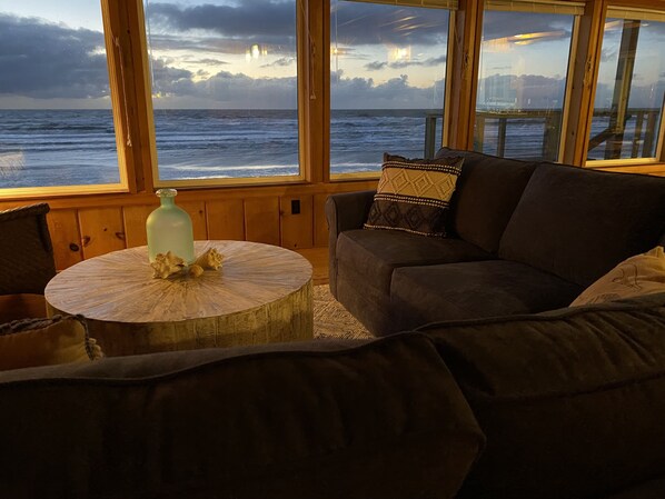 Flat-screen TV, fireplace, DVD player, books