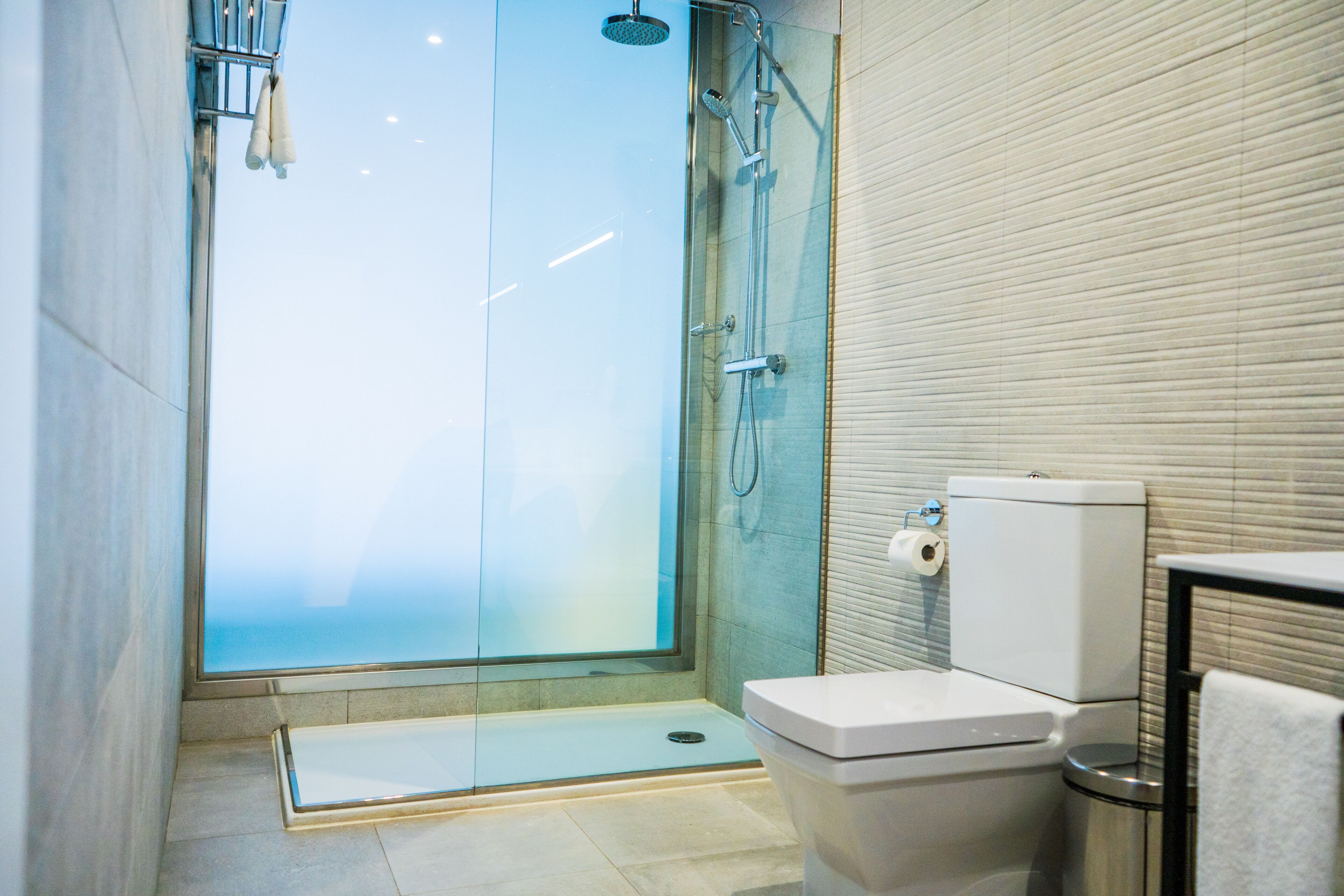A modern bathroom with a glass shower enclosure, a toilet, and a bidet.