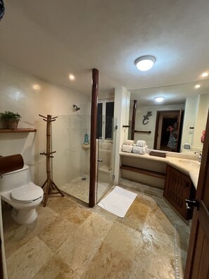 A bathroom with a toilet, shower, and sink. - Magnificent Views, Sleeps 2-6 Just Reduced Rates (Zihuatanejo)