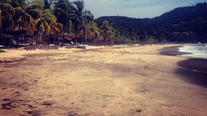 Une plage bordée de palmiers et dotée d’un rivage sablonneux.