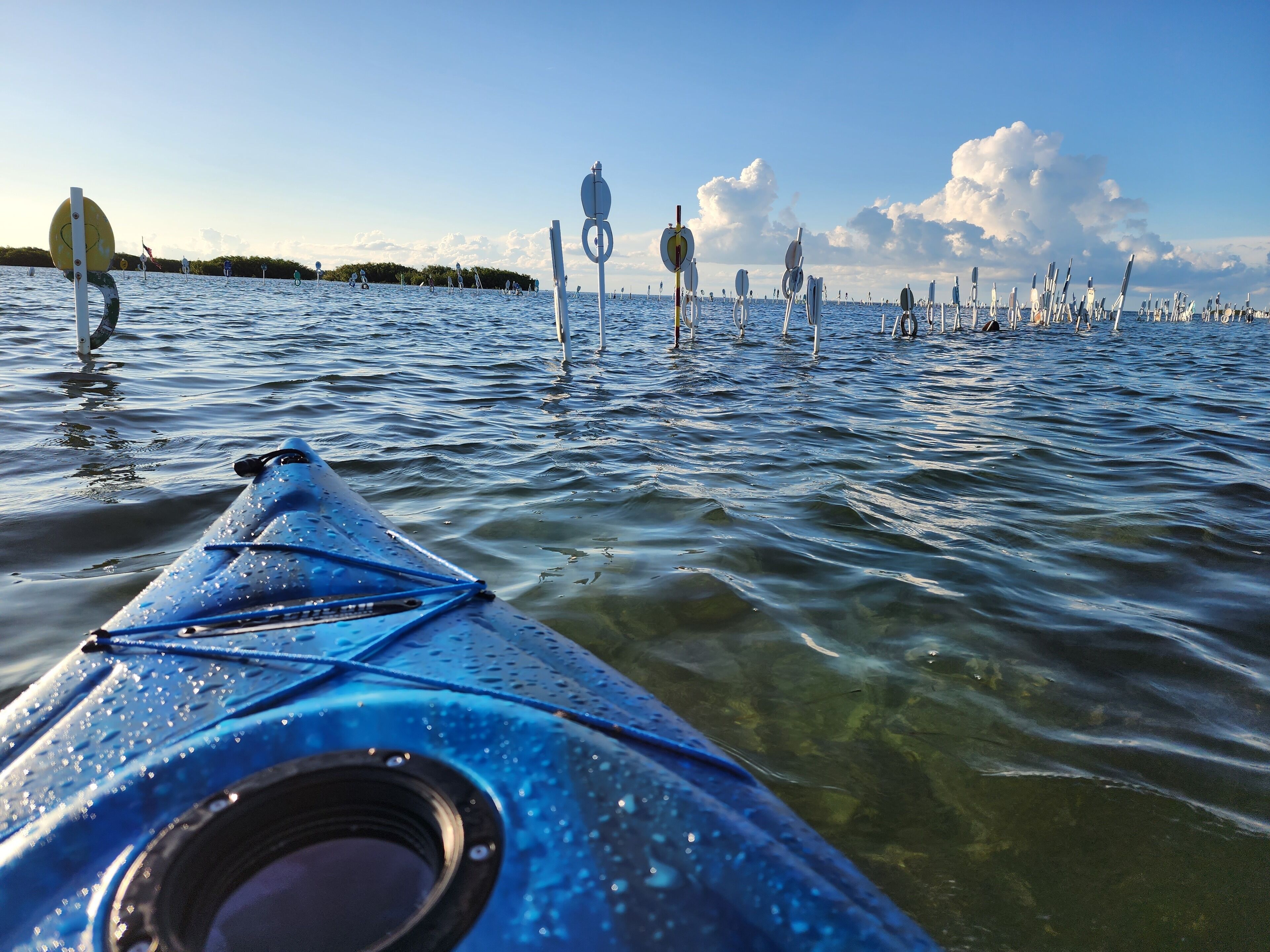 A kayak on water with a clear view of the sky and distant land.