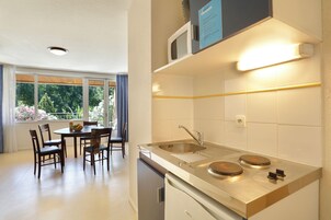 Fridge, microwave, stovetop, espresso maker