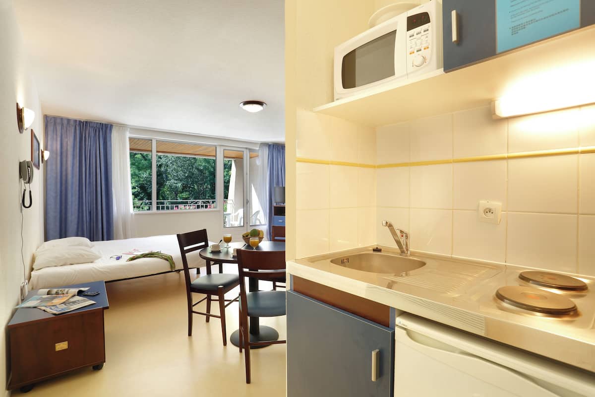 Fridge, microwave, stovetop, espresso maker