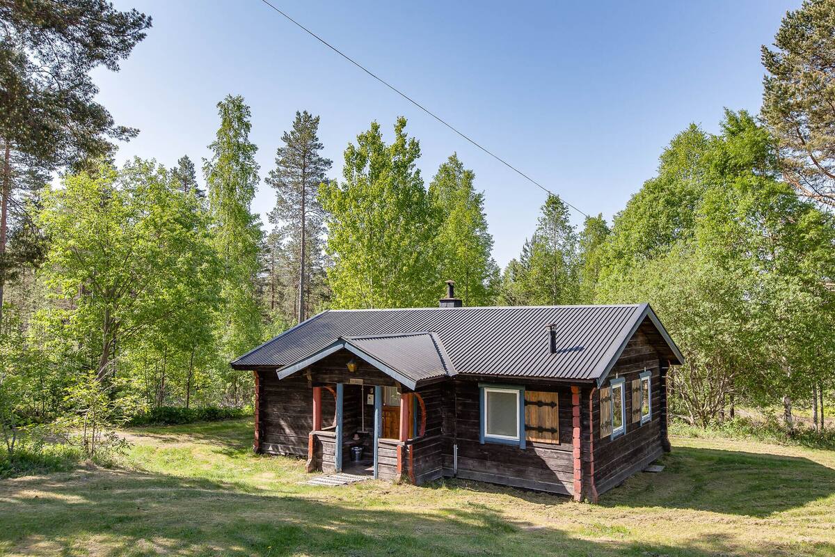 A rustic cabin with a metal roof, wooden walls, and a porch with a door and windows.