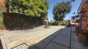 Un patio con suelo de piedra, plantas en macetas y árboles que dan sombra.