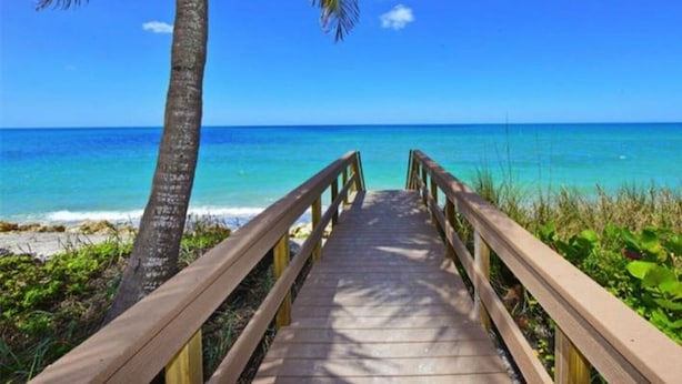 A wooden boardwalk leading to a beach with clear turquoise water and a palm tree. - Beachfront Ground Level Suite - Everything is Modern & New (Siesta Key)