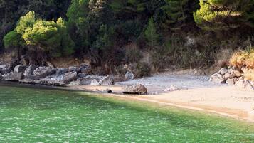 A beach with clear water, rocky shoreline, and dense trees in the background.