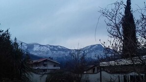 Paisatge montanyós amb pics nevats al fons.