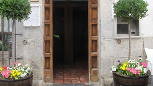 Entrada rústica de un edificio con puerta de madera, una ventana pequeña y dos macetas de flores.
