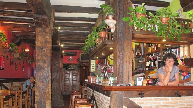 Una zona de bar rústica con taburetes de madera, mostrador de ladrillo y plantas colgantes.