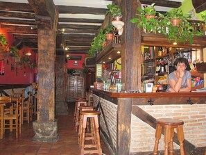 Una zona de bar rústica con taburetes de madera, mostrador de ladrillo y plantas colgantes.