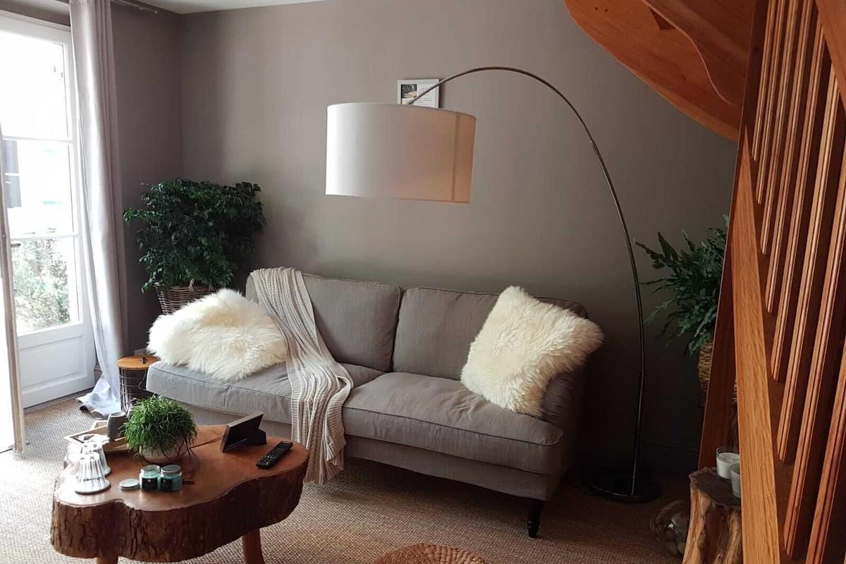 A living room with a grey sofa, two white fluffy cushions, a round wooden coffee table with a plant and a remote control, a floor lamp, and a large window with curtains.