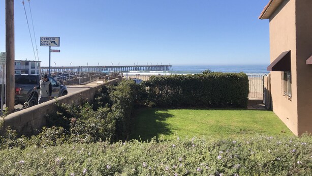 Blick auf eine Strandgegend mit einem Steg, der ins Meer führt, einem Schild für das Dolphin Cove Motel und einer Rasenfläche mit einer Hecke.