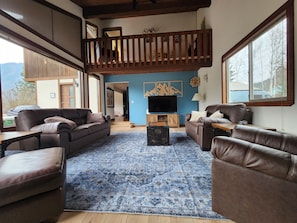 Televisión de pantalla plana, chimenea, reproductor de DVD y libros 