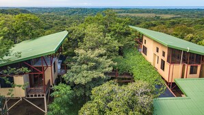 Ein Baumhaus-ähnliches Gebäude mit mehreren Ebenen, umgeben von dichtem Wald.