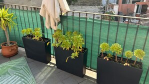 A balcony with potted plants, a green mesh fence, and a view of a street with buildings. - El Nin Apartment with Terrace & AC (Vernazza)