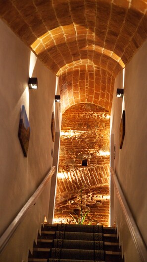A staircase leading to a brick archway with a plant at the bottom. - Albagiò (Cittanova)