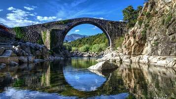 Eine Stebrücke über einem ruhigen Fluss mit Bergblick.
