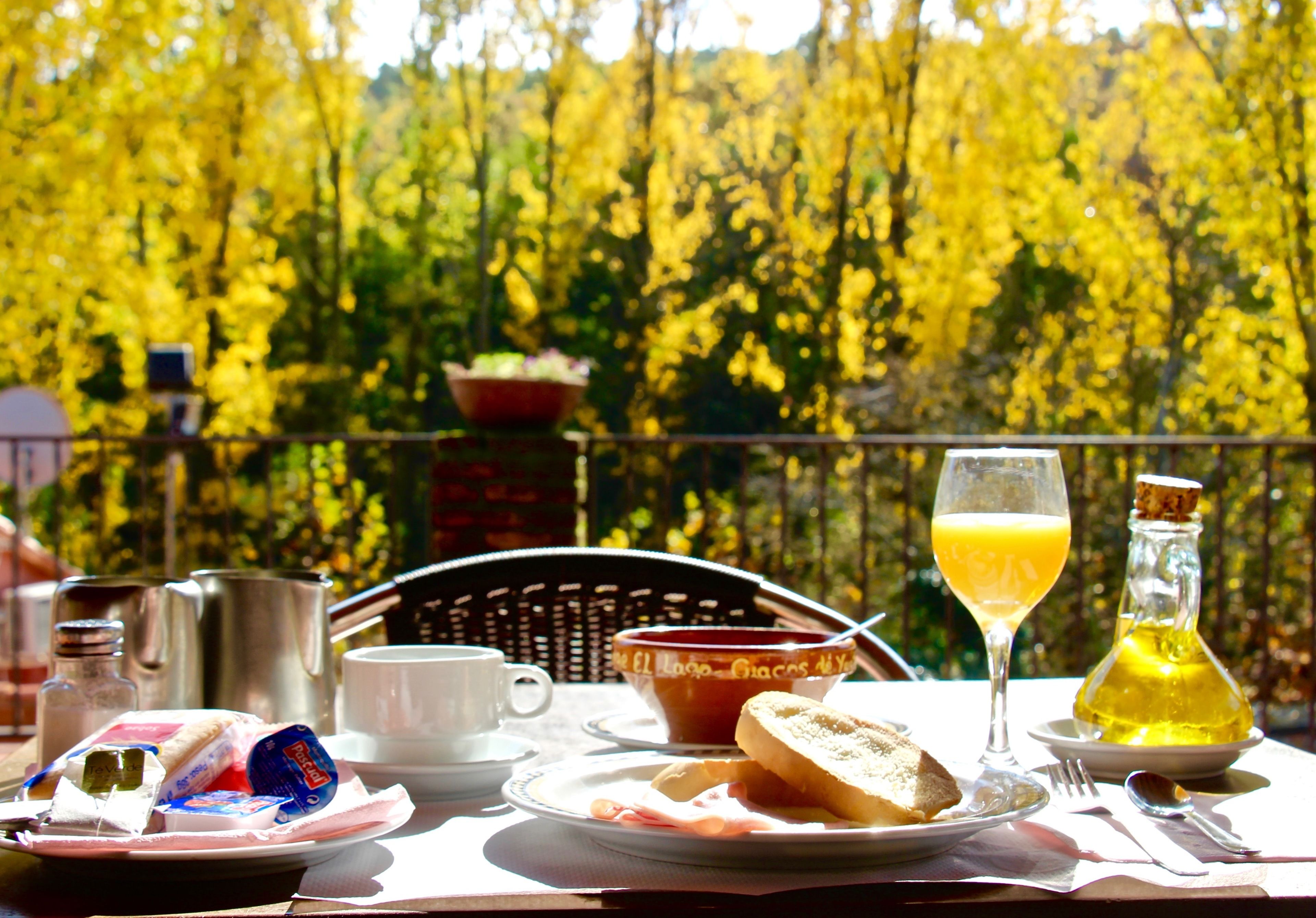 Una mesa de desayuno con diversos alimentos y bebidas, con un fondo de follaje amarillo.