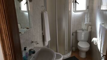 A bathroom with a shower, toilet, sink, and a mirror.