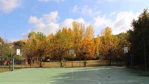 An outdoor basketball court with two basketball hoops, surrounded by trees with autumn foliage. - Hostel El Lago Caceres (Cuacos de Yuste)