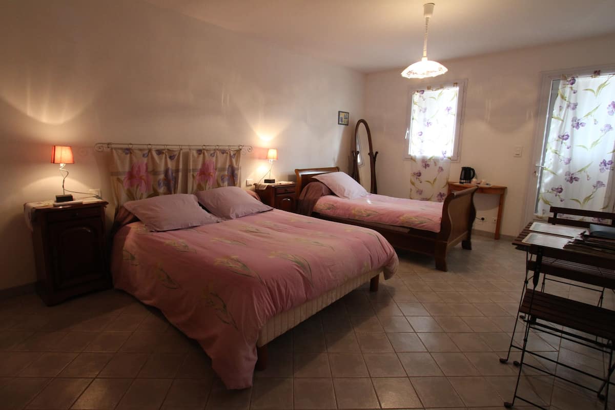 A bedroom with two beds, a desk, a chair, and a mirror.
