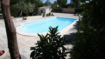 Seasonal outdoor pool, open 10:00 AM to 7:00 PM, pool loungers