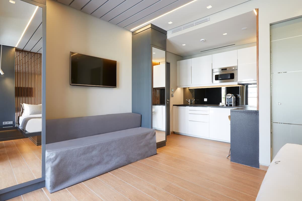 junior studio suite, 1 bedroom | private kitchen | fridge, microwave, stovetop, dishwasher