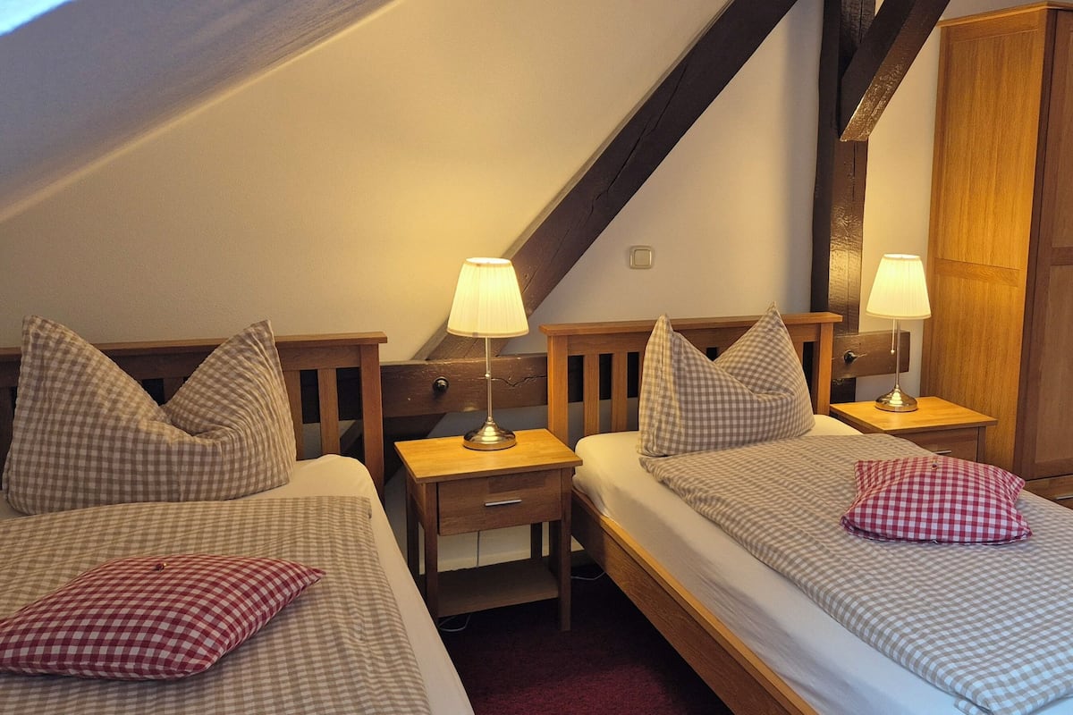 Un dormitorio con dos camas, cada una con colcha y almohadas a cuadros, dos lámparas de noche, un armario de madera y un cuadro en la pared.