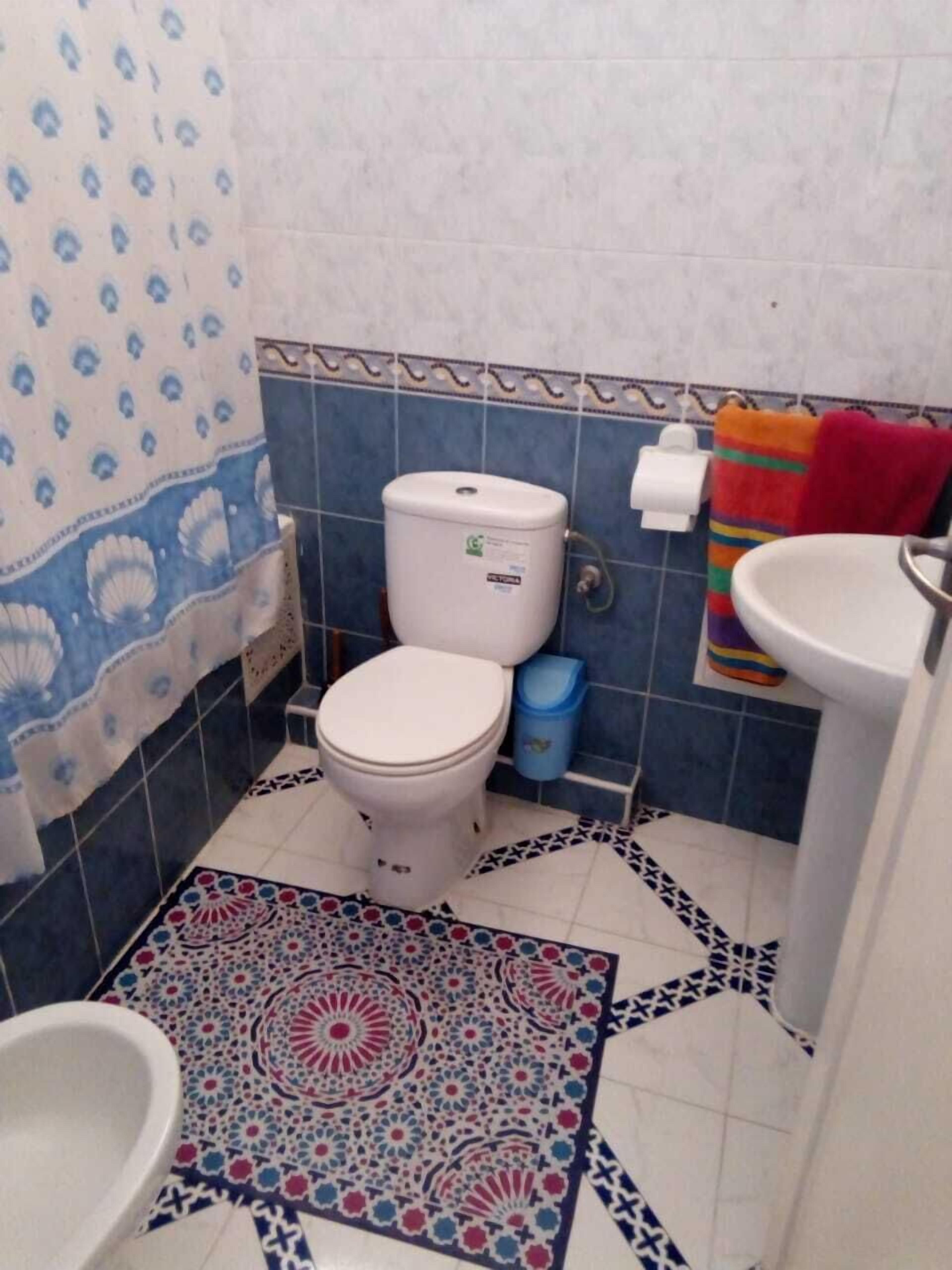 A bathroom with a toilet, sink, and patterned floor tiles.