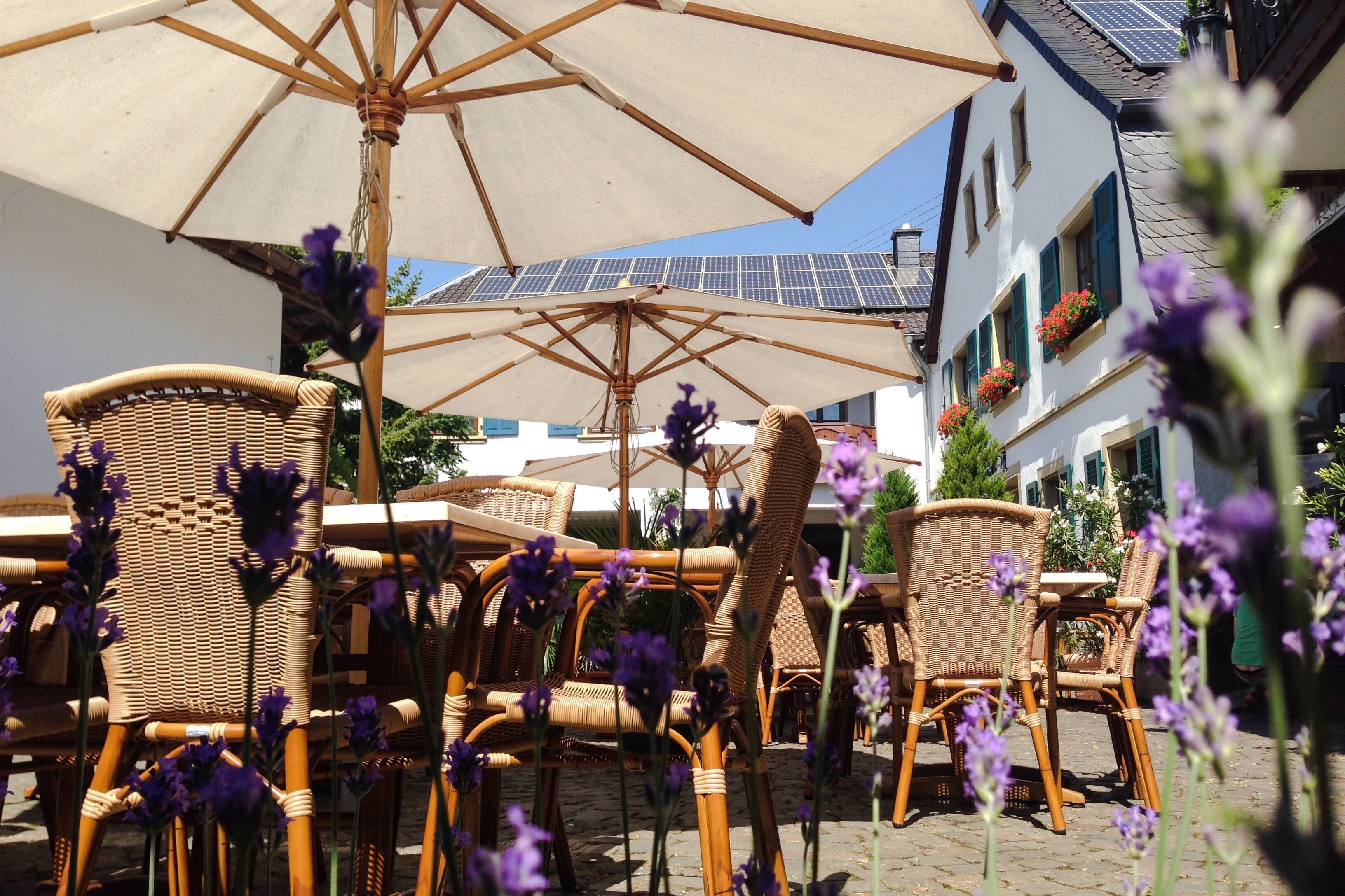 Cadeiras e mesas de vime sob uma grande guarda-sol, com painéis solares no telhado.