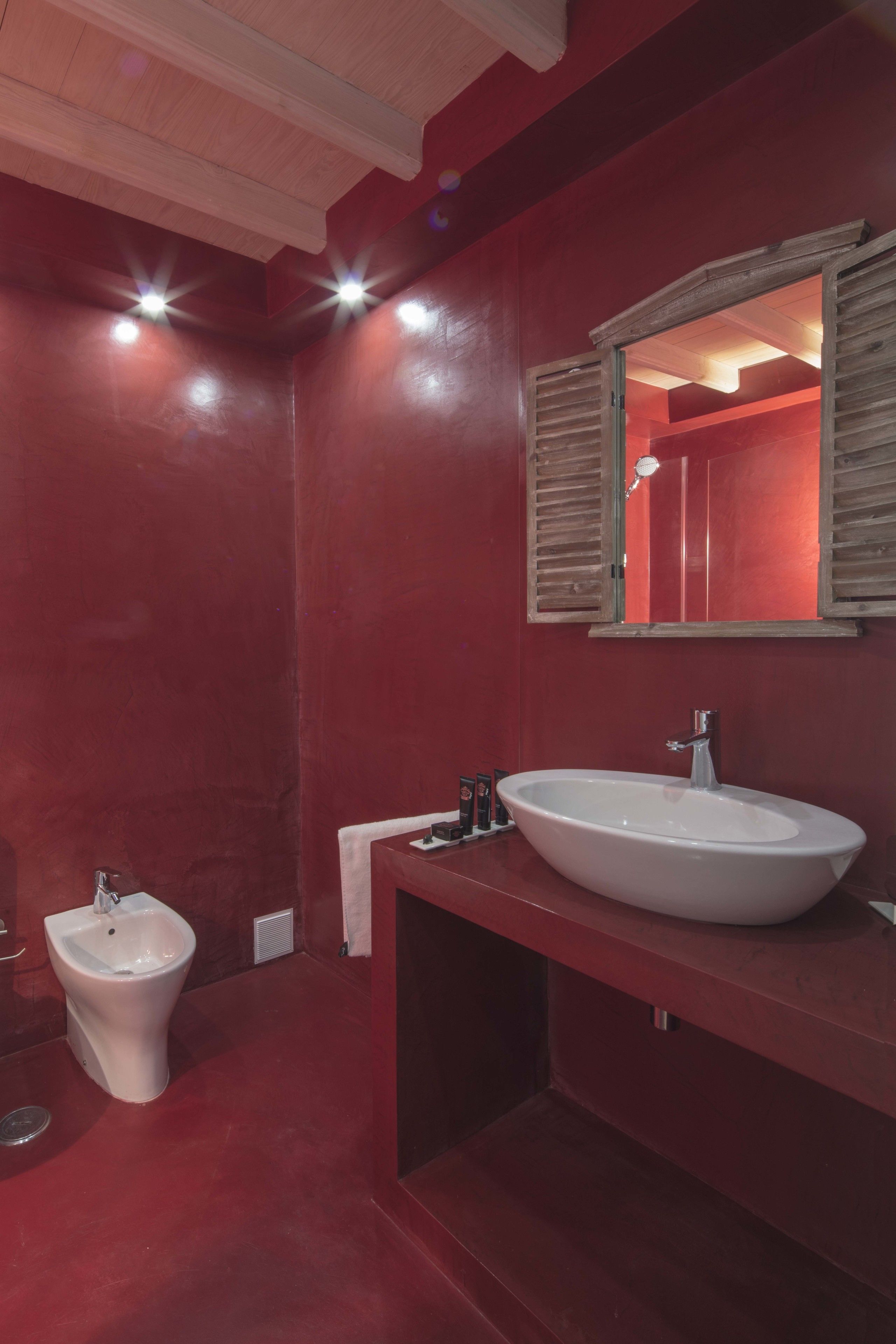 A bathroom with a white sink, a bidet, and a mirror with wooden shutters.